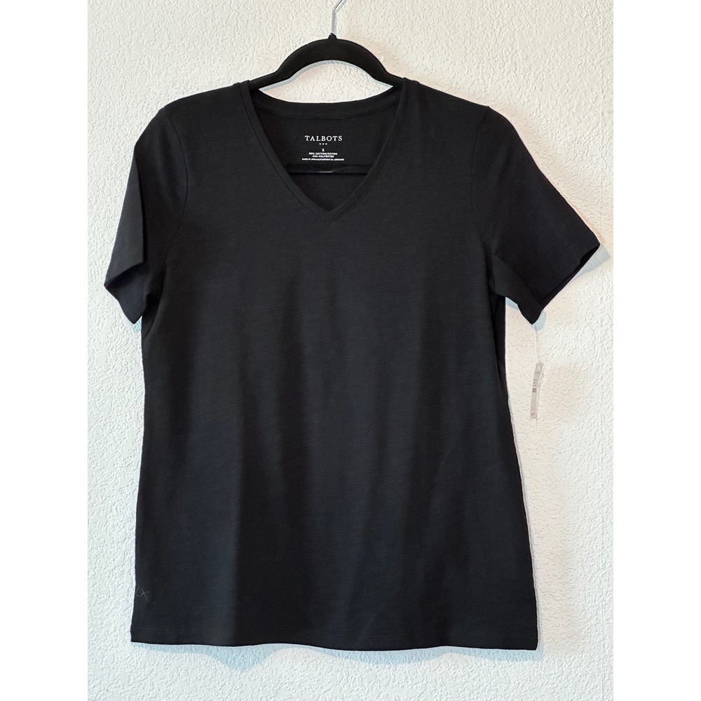 Talbots Womens V-Neck Short Sleeve T-Shirt Black Cotton Blend Small NWT